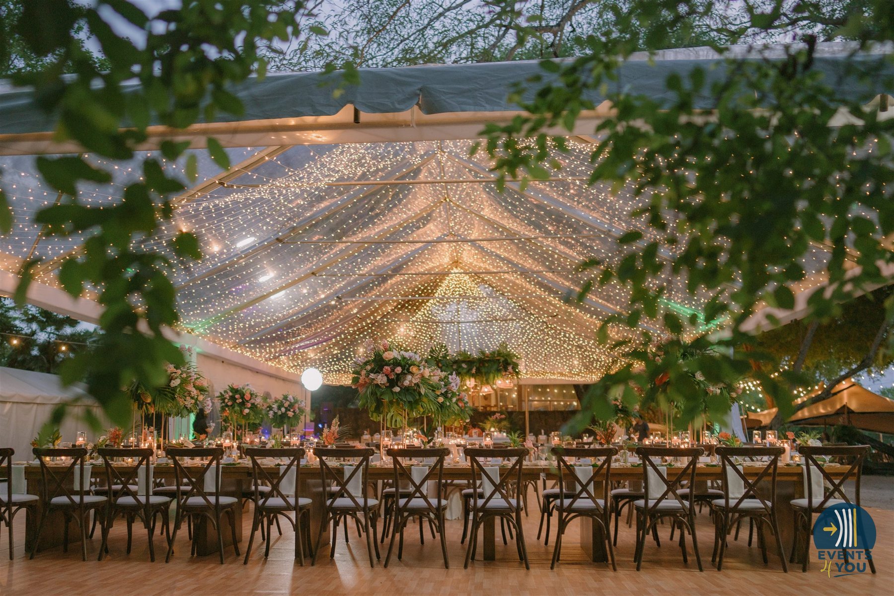 Long tables under a clear tent